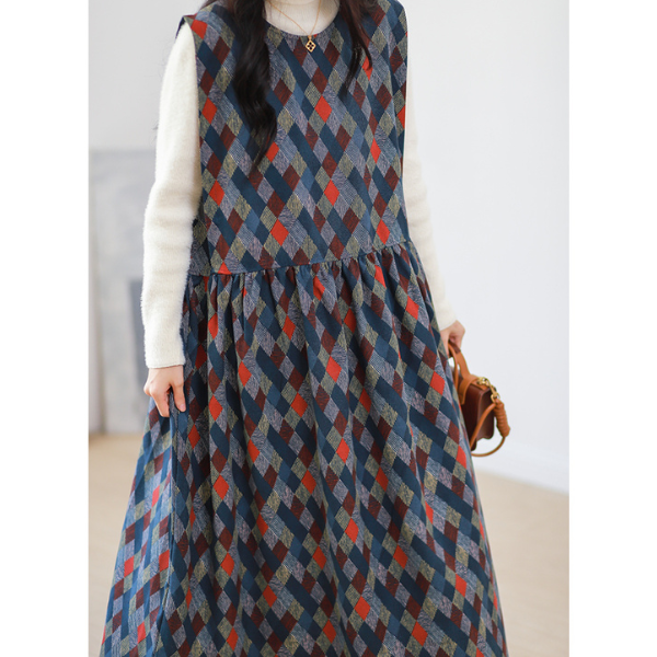 【2color】マルチカラースクエアパターンワンピース w-005