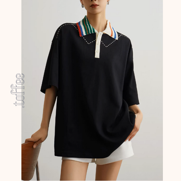 カラフルポロカラーオーバーサイズトップ&ホワイトショートパンツのセットアップ《Z00944》