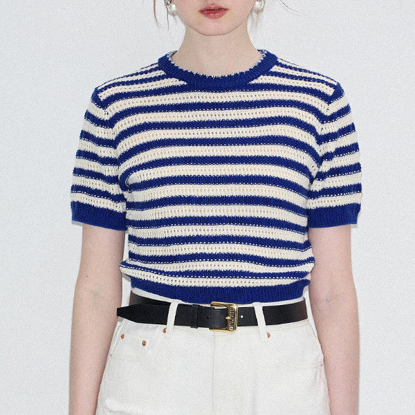 ハーフクルーネックストライプニットトップ Z00320