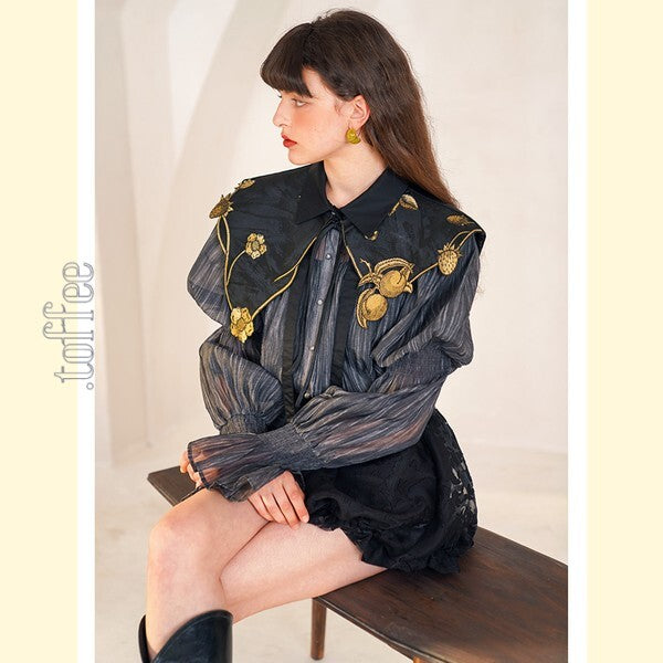 【2color】果物モチーフの植物画刺繍:ロマンティックフェアリーケープ C0168