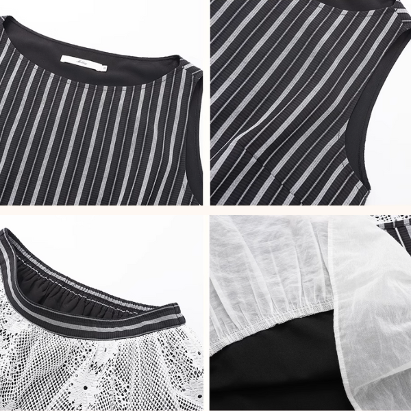 ストライプノースリーブトップ&レース装飾ロングスカートセットアップ《Z01028》