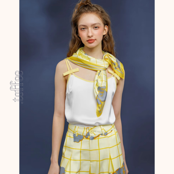 羊プリント レモンイエローウィンドウチェック シルキータッチ大判スカーフ C0147