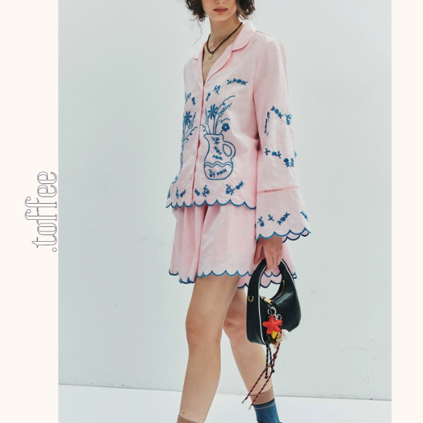 フラワーベース刺繍シャツ&ショートパンツセットアップ《Z01006》