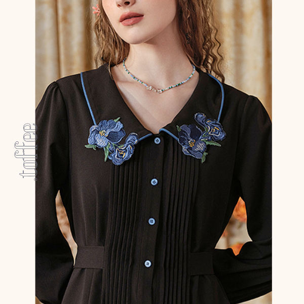 フラワー刺繍レースヘムブラックワンピース 《Z00680》