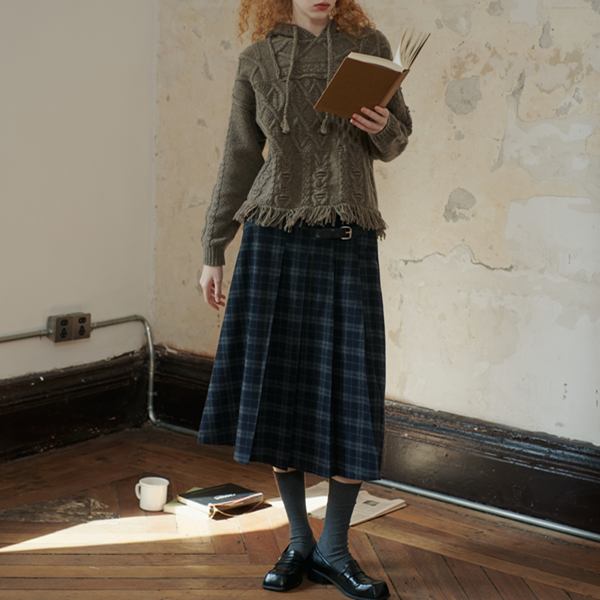 【2color】チェック柄ミモレ丈プリーツスカート Z00565