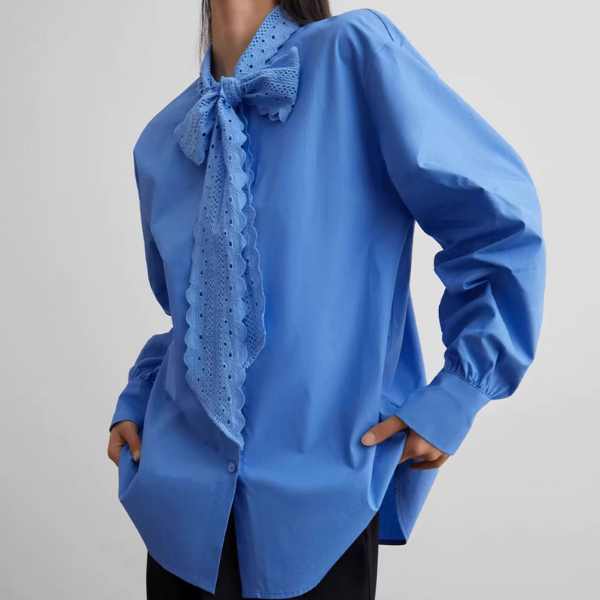 アイレット刺繍ボウタイブラウス&ブラックパンツセットアップ《Z00952》