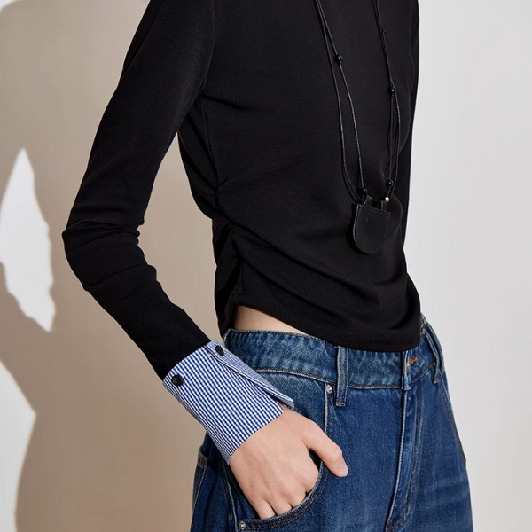 【2color】ギンガムチェックカフスクルーネックトップ《Z00926》