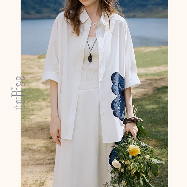 フラワー刺繍オーバーサイズシャツ&Aラインミモレ丈スカートセットアップ《Z00927》