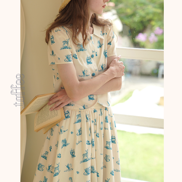 カントリー風アニマルプリント半袖シャツ&ミドル丈スカートのセットアップ 《Z00751》