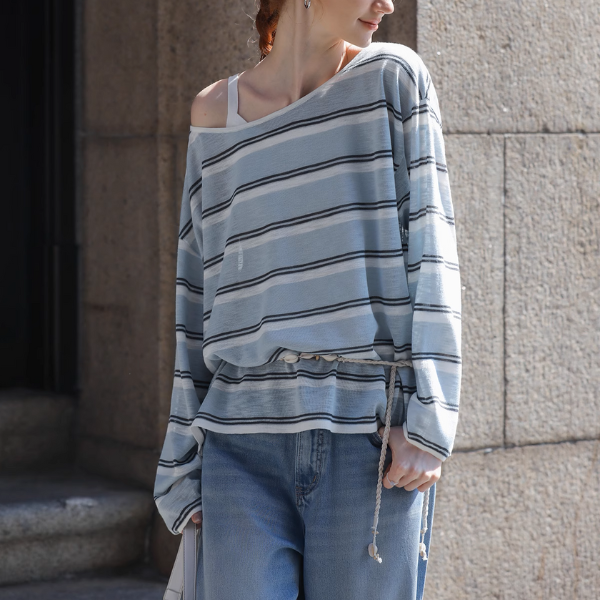 【2color】ワンショルダーストライプシアーニットトップ《Z01027》
