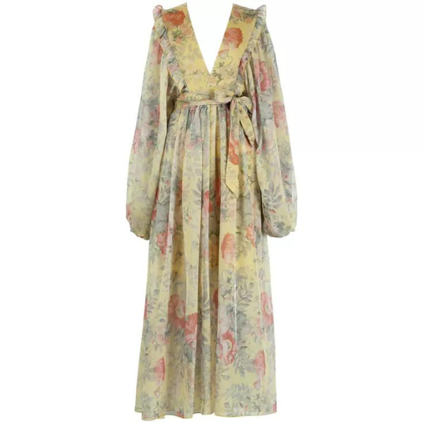 フラワープリントボリュームスリーブワンピース X-046