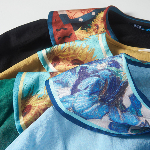 【4color】ゴッホのアートプリント入りプリーツシャツ X-516