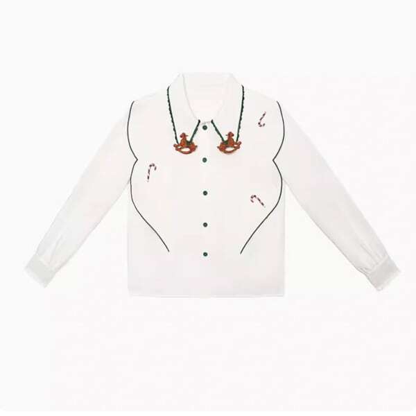 【2color】木馬刺繍配色ビッグ衿ブラウス C0109