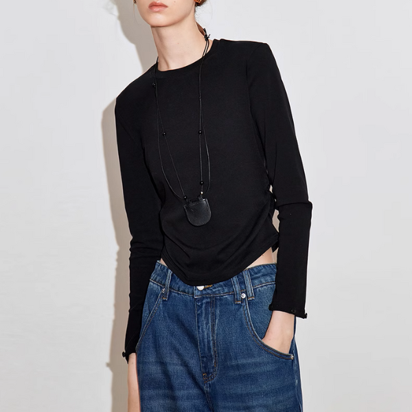 【2color】ギンガムチェックカフスクルーネックトップ《Z00926》