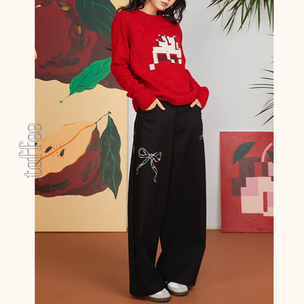 リボン刺繍ルーズストレートパンツ 《Z00700》