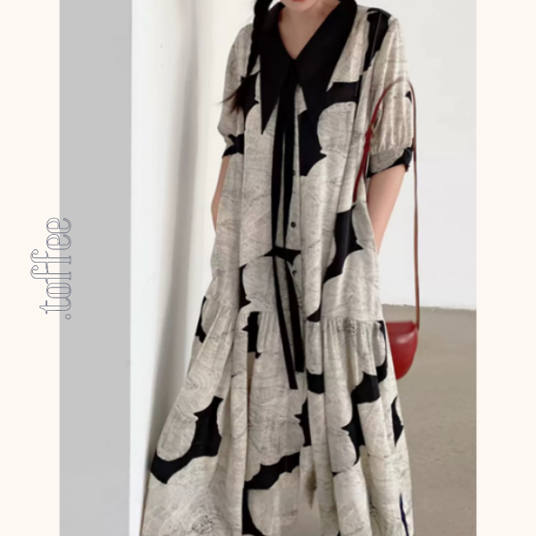 モノトーンプリントボウタイワンピース Z00420