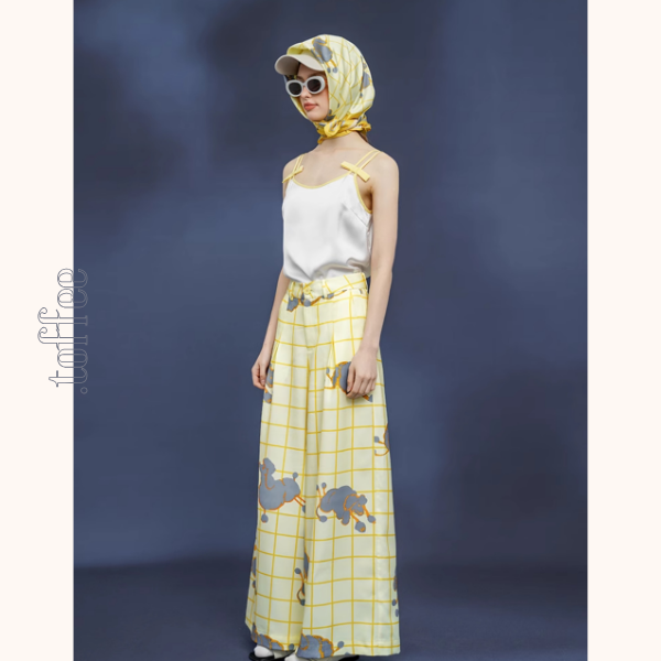 羊プリント レモンイエローウィンドウチェック シルキータッチ大判スカーフ C0147