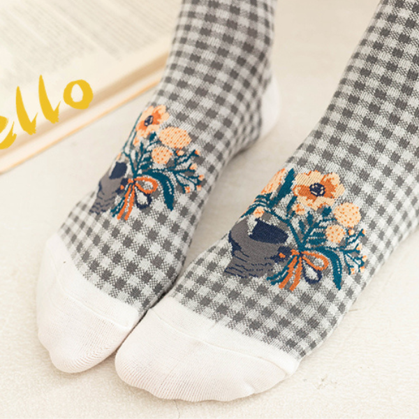 植物とハートモチーフのショートソックス5本セット Z00007