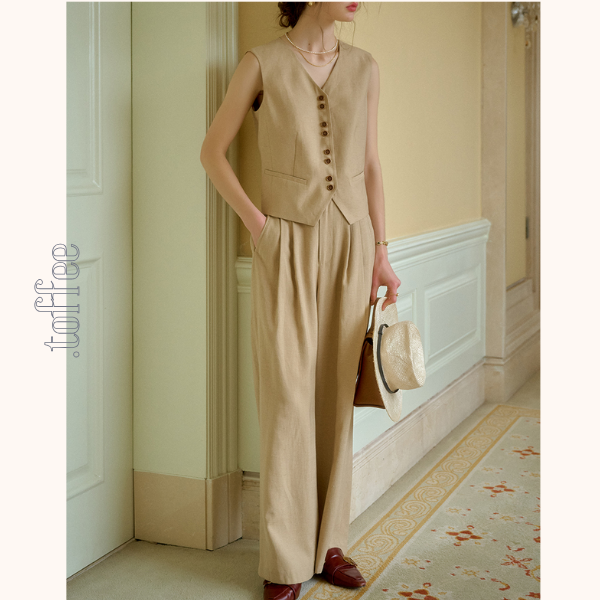 レトロ調シングルブレストベスト&ハイウエストワイドパンツセットアップ 《Z00815》