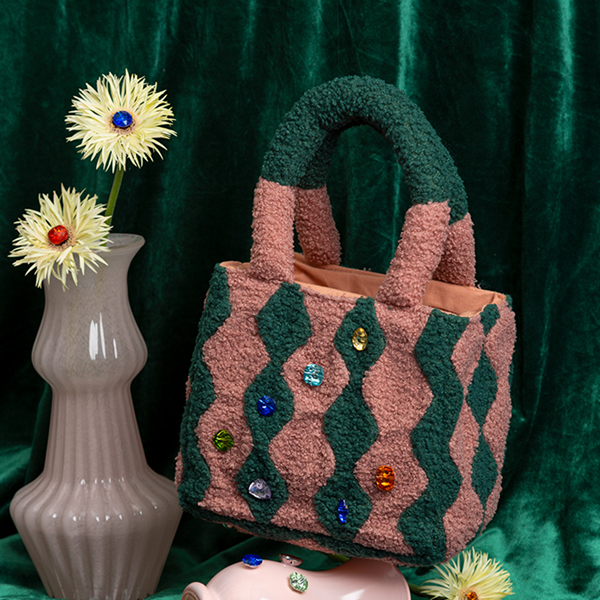 ジグザグパターンストーン装飾ボアハンドバッグ 《Z00804》