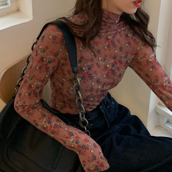 【5color】レトロな花柄シースルートップス Z00105