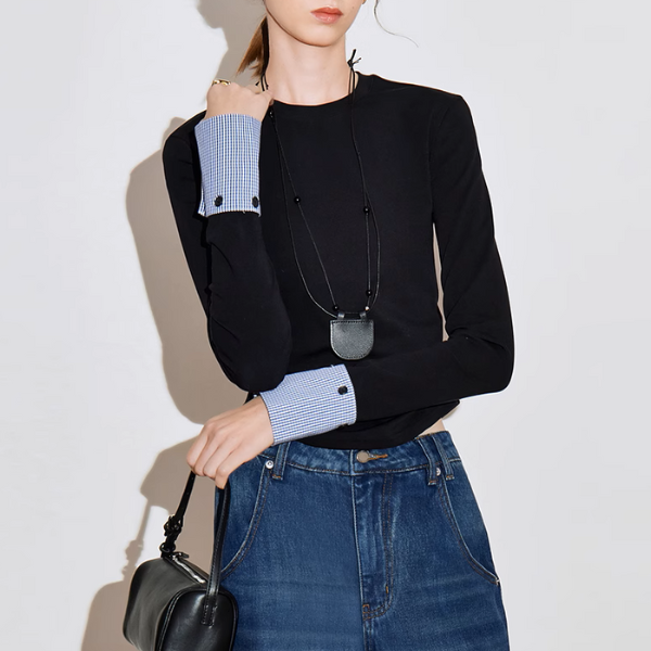 【2color】ギンガムチェックカフスクルーネックトップ《Z00926》