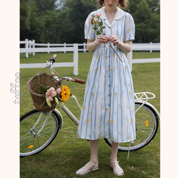 花柄&ストライプフレンチシャツワンピース《Z00879》