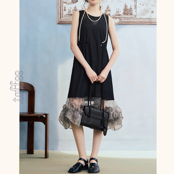 幻想チュールのノースリーブブラックワンピース《Z01061》