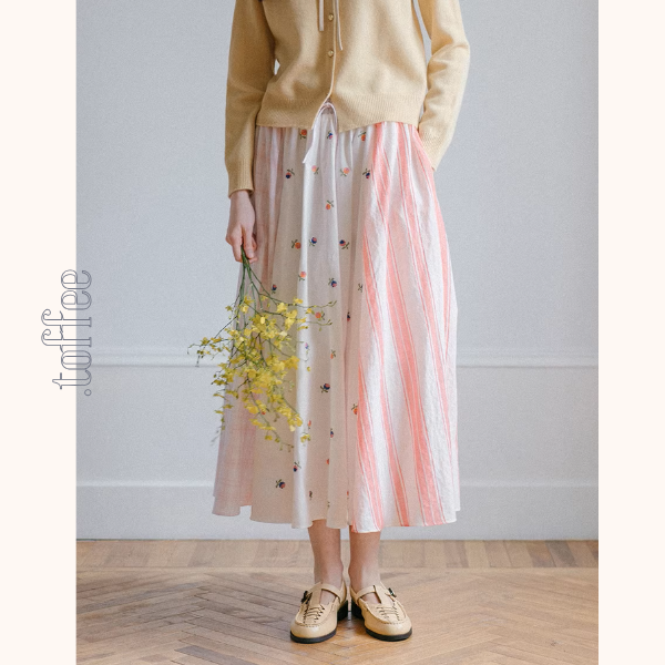小花とストライプの切替プリーツスカート《Z01075》