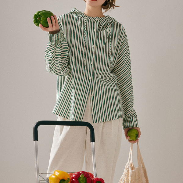 【2color】フード付きオーバーサイズストライプシャツ Z00130