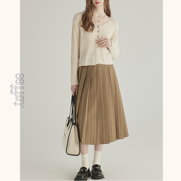 ストライプ柄ダブルブレストテーラードジャケット&ハイウエストプリーツスカートセットアップ 《Z00777》