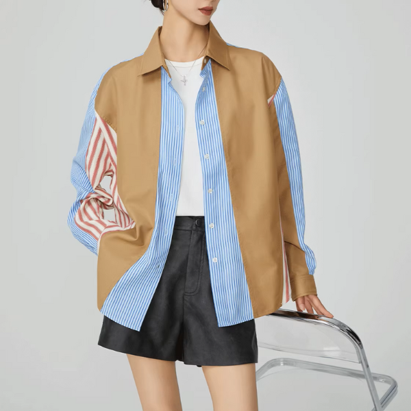 パッチワークストライプオーバーサイズロングスリーブシャツ《Z00951》