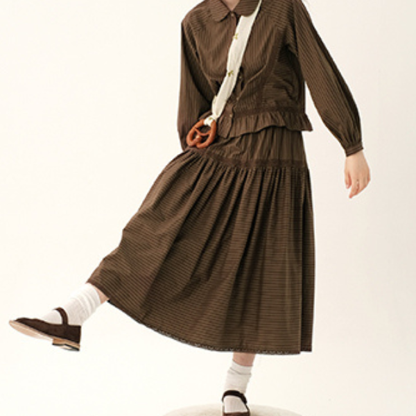 【2color】レトロストライプフリルヘムセットアップ X-263