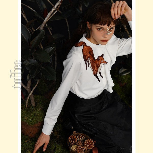 【2color】「小狐物語」森の中のキツネとアシンメトリーフリルブラウス C0182