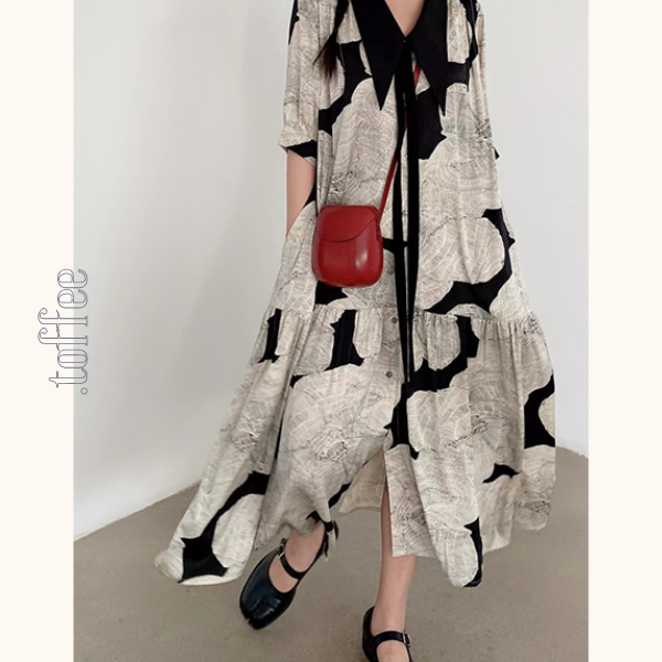 モノトーンプリントボウタイワンピース Z00420