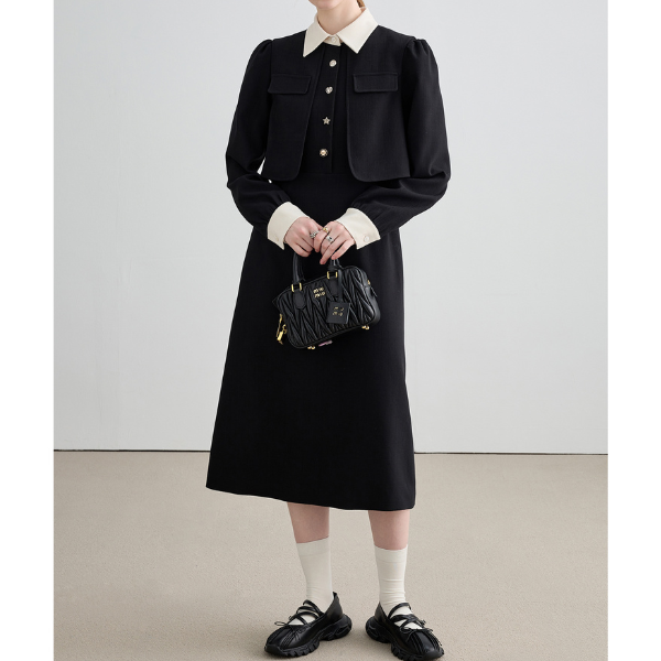 レイヤード風ブラックスリムワンピース Z00026