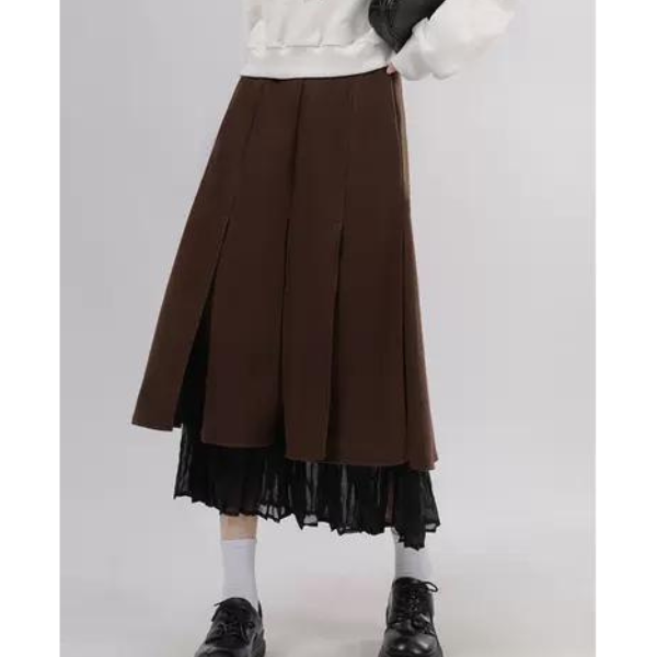 【3color】プリーツドッキングスカート X-014