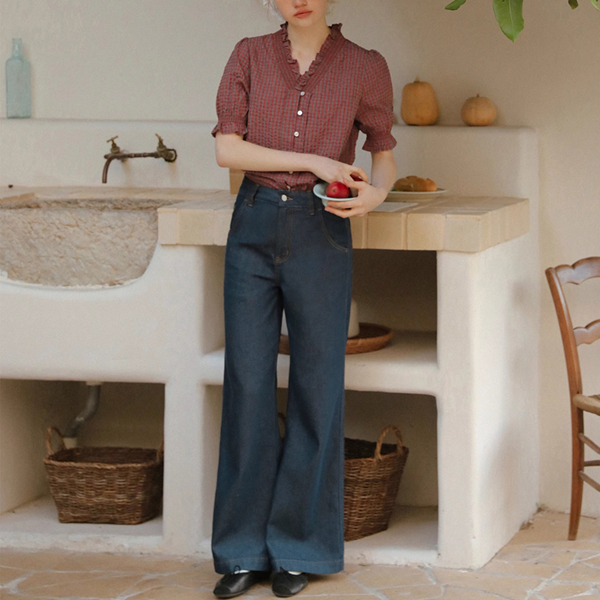 フリルネックチェック柄ブラウス《Z00822》