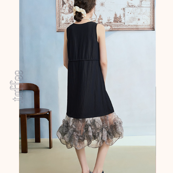 幻想チュールのノースリーブブラックワンピース《Z01061》