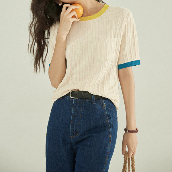 コントラストカラーニットトップス Z00198