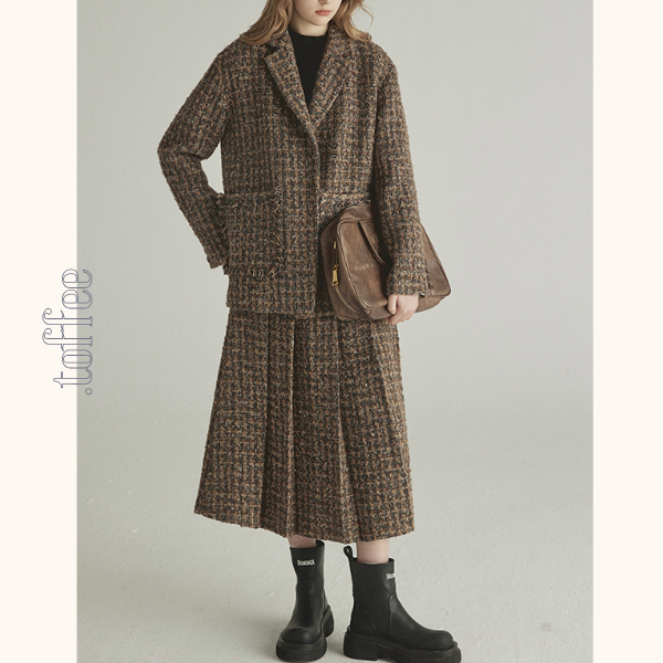 千鳥格子ツイードジャケット&ロングプリーツスカートセットアップ 《Z00775》