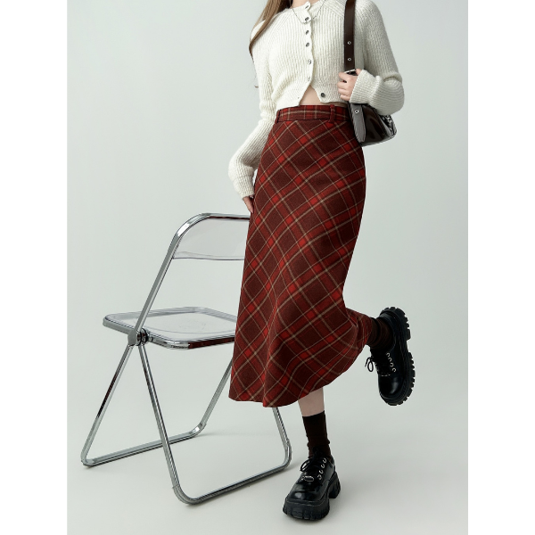 タータンチェックAラインロングスカート X-515