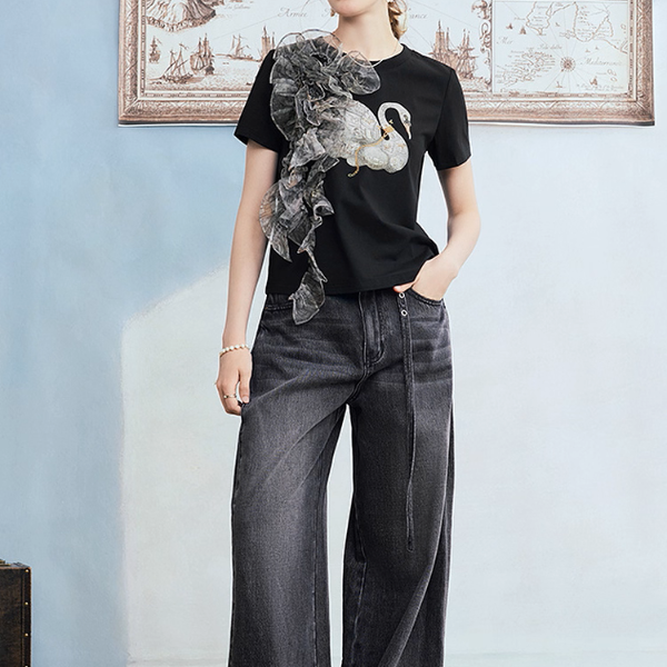 チュールリボンと水鳥プリントのブラックTシャツ《Z01060》