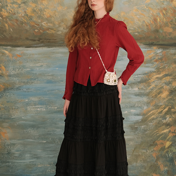 【2color】フリルネックショートブラウス 《Z00618》