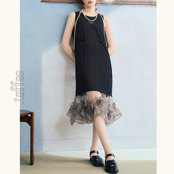 幻想チュールのノースリーブブラックワンピース《Z01061》