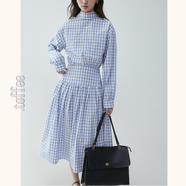 チェック柄Aラインロングシャツワンピース《Z00839》