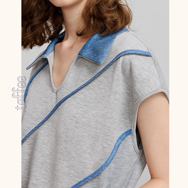 斜めラインVネックフレンチスリーブトップス《Z00922》