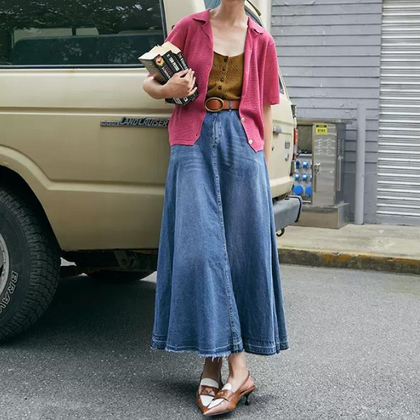 デニムミモレ丈フレアスカート w-012