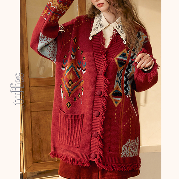 【2color】フリンジ付き北欧風ミドル丈カーディガン 《Z00671》