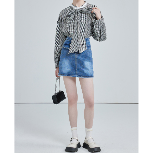 フロントリボンギンガムチェックルーズブラウス X-527